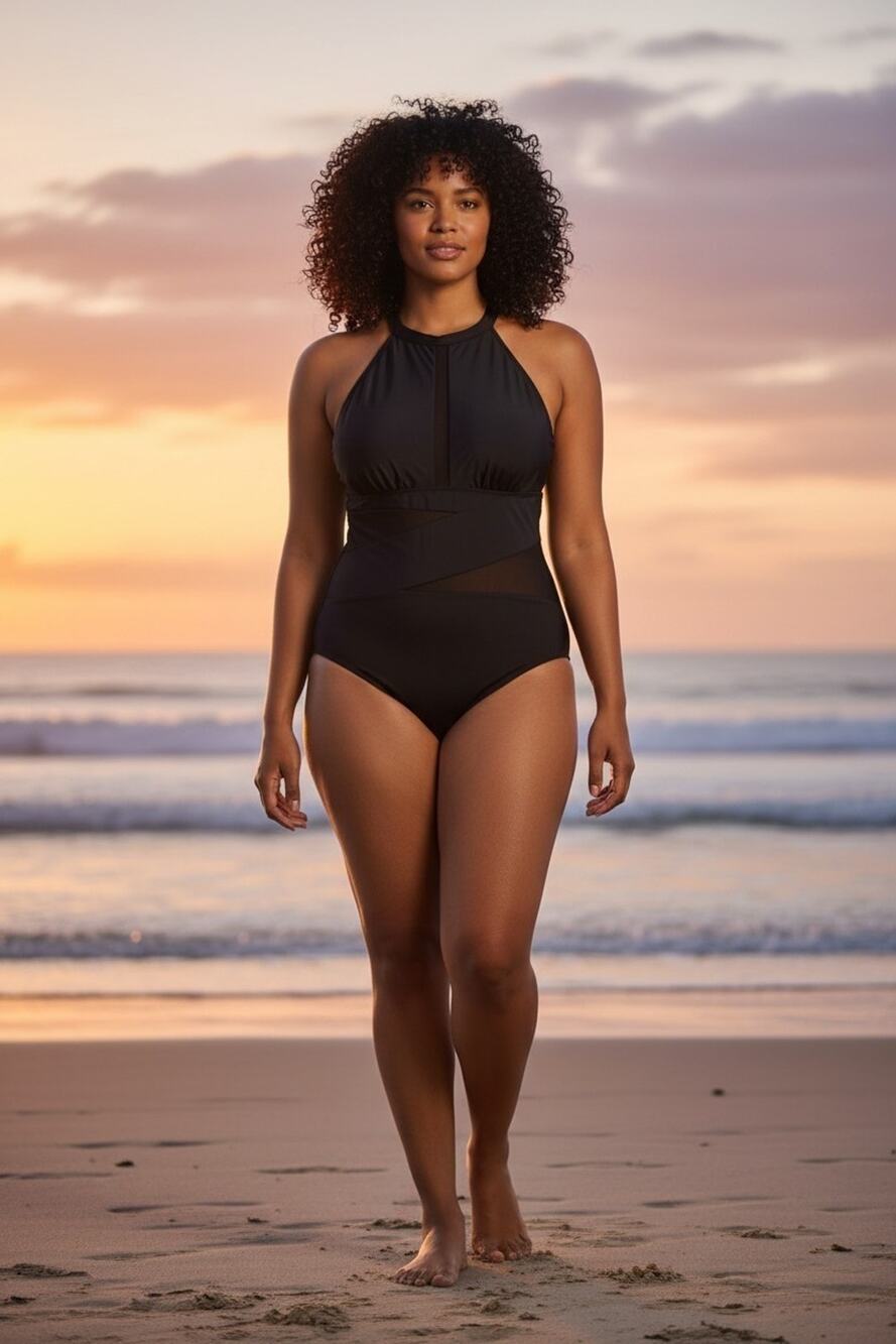 NWT FINIZO Fashion Women's XXL Black high neck 1-piece w/sheer mesh Bathingsuit